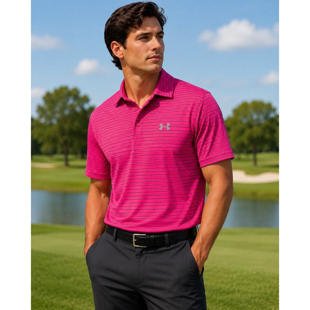 Under Armour Pink Striped HeatGear Golf Polo Shirt Mens Large Athletic